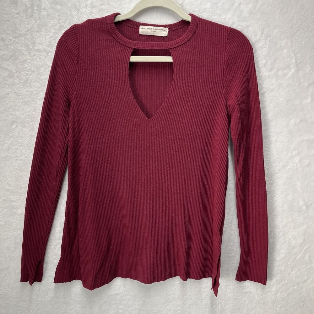 Urban Outfitters Project Social T Ribbed Long Sleeve Top Womens Small Red Vneck